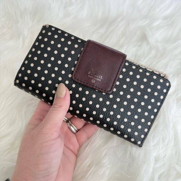 Fossil | Black & Cream Polkadot Polka Dot Wallet Card Slots Tab Clutch Leather - Picture 1 of 9